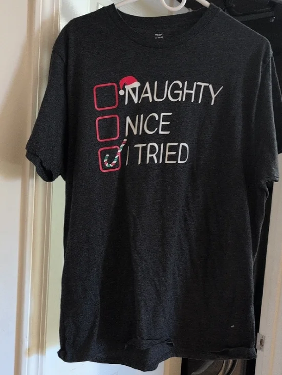 Black Holiday Graphic Tee - "Naughty Nice I Tried" XL Unisex - Picture 2 of 3